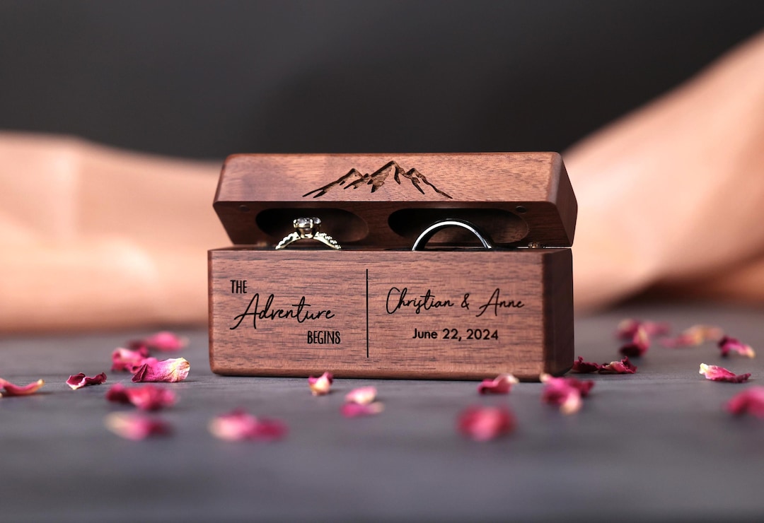 Walnut Wood Double Ring Box Holder, Wedding Ring Bearer Box for ...