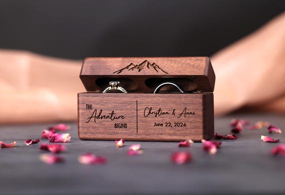 Walnut Wood Double Ring Box Holder, Wedding Ring Bearer Box for ceremony, Keepsake gift