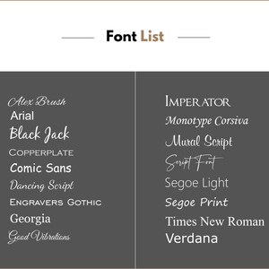 May include: A graphic displaying a "Font List" with various font names in white text against a dark gray background. The fonts include Alex Brush, Arial, Black Jack, Comic Sans, and Times New Roman.