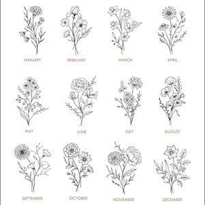 May include: A chart of birth flowers for each month of the year. The flowers are drawn in black ink and are arranged in a grid. The months are listed below each flower.