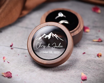 Circle Wooden Wedding Ring Box with Glass Lid - Ring Box Holder for wedding ceremony -  Personalized 2 Ring Slot Engagement Ring Bearer Box