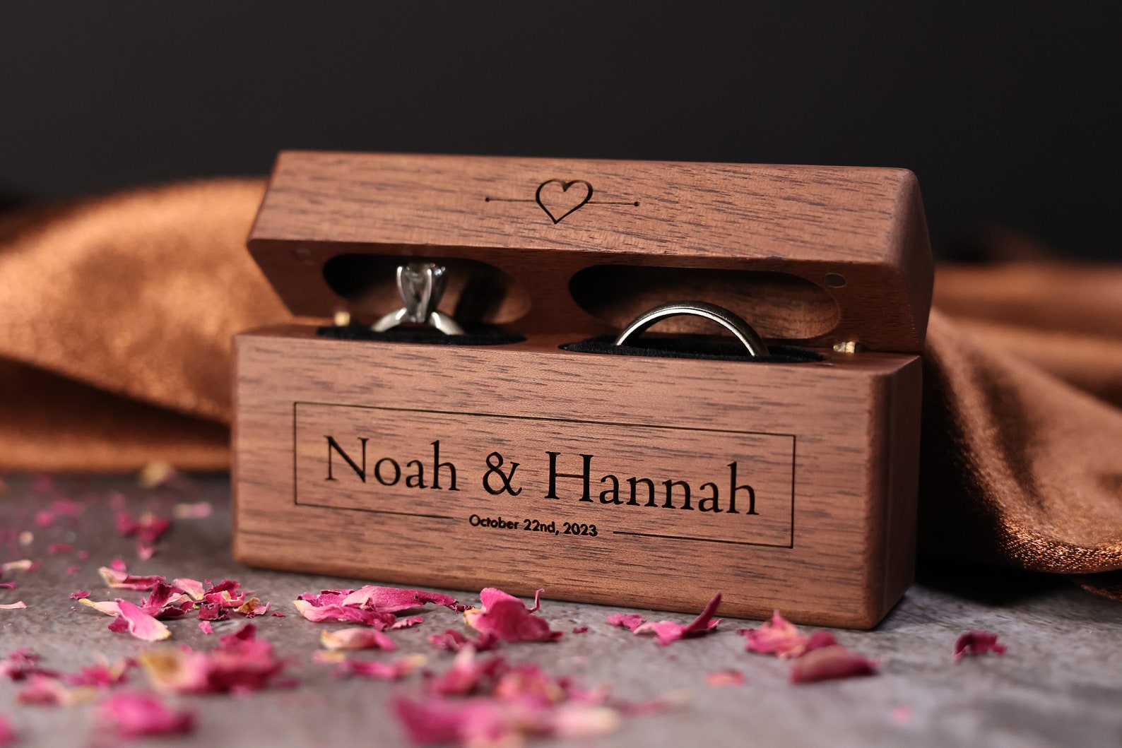 Slim Walnut Double Ring Box – Engagement & Wedding Rings, Ring Bearer ...