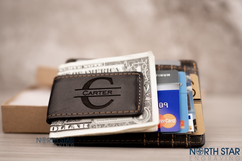 FREE ENGRAVING Black Personalized leather money clip Wallet,Money Clip For Men