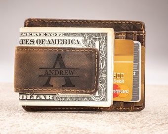 Monogrammed Leather Money Clip, Personalized Rustic Leather ID Card Wallet, Men's Money Clip Gift