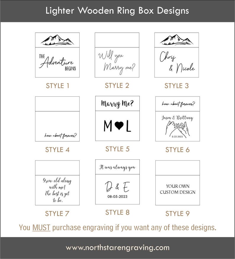 May include: Nine different designs for wooden ring boxes. The designs include mountains, text, and illustrations. The text includes "The Adventure Begins", "Will you Marry me?", "Chris & Nicole", "Marry Me?", "MOL", "how about forever?", "Jason & Brittany", "Grow old along with me! the best is yet to be.", "It was always you", "D & E", "YOUR OWN CUSTOM DESIGN".