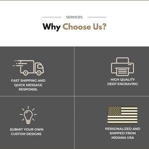 May include: Image with the text "SERVICES Why Choose Us?" and four service icons. The icons represent fast shipping, high-quality engraving, custom designs, and personalized shipping from Indiana, USA.