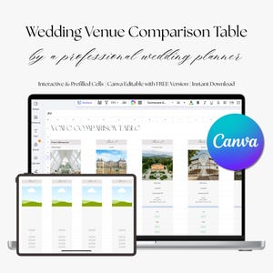 Può includere: Un laptop e un tablet mostrano una tabella di confronto dei luoghi per matrimoni. Il testo sullo schermo recita "Wedding Venue Comparison Table" e "Canva". Il design è di un wedding planner professionista, con celle interattive e precompilate.