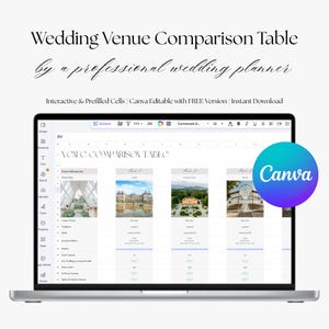 Puede incluir: Una computadora portátil muestra una tabla comparativa de lugares para bodas. La pantalla muestra una hoja de cálculo con detalles y fotos de los lugares. El texto en la parte superior dice "Wedding Venue Comparison Table" y "Canva Editable". Se ve un logotipo de Canva.