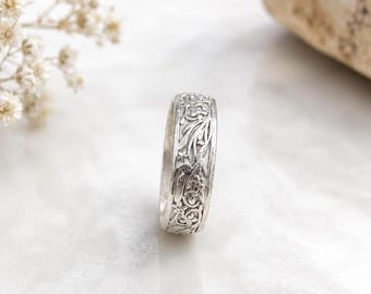 Sterling Silver Floral Engraved Band Ring, Botanical Wedding Jewelry