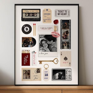 以下が含まれることがあります： キスをしているカップルの白黒写真と、さまざまな記念品を組み合わせた額入りのコラージュ。カセットテープ、チケットの半券、フィルムストリップ、鍵が含まれています。コラージュには「I love you」と「Ticket to my heart」の文字も含まれています。