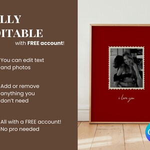 K&ouml;nnte beinhalten: Ein gerahmter Druck mit rotem Hintergrund und einem Schwarz-Wei&szlig;-Foto im Poststempelstil. Unter dem Foto steht der Schriftzug "i love you". Das Bild enth&auml;lt auch den Text "FULLY EDITABLE" und "with FREE account!"