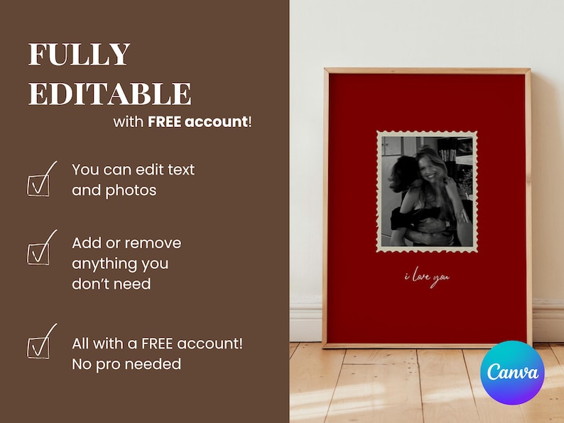 K&ouml;nnte beinhalten: Ein gerahmter Druck mit rotem Hintergrund und einem Schwarz-Wei&szlig;-Foto im Poststempelstil. Unter dem Foto steht der Schriftzug "i love you". Das Bild enth&auml;lt auch den Text "FULLY EDITABLE" und "with FREE account!"