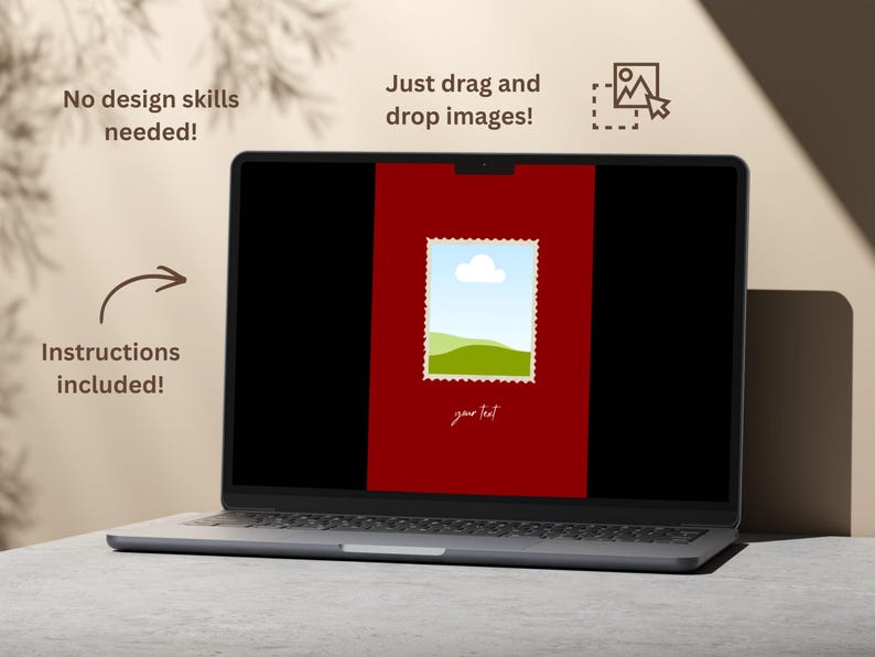K&ouml;nnte beinhalten: Ein Laptop zeigt eine rote Grafik mit einem Briefmarken-Design, das ein Landschaftsbild enth&auml;lt. Der Text auf dem Bildschirm lautet "Just drag and drop images!" und "your text." Zus&auml;tzlicher Text lautet "No design skills needed!" und "Instructions included!"