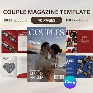 Pode incluir: Um modelo de revista intitulado "Couple Magazine Template" com o texto "Couples" na capa. A capa apresenta um casal se beijando em uma praia. O modelo inclui 40 páginas e é totalmente editável.