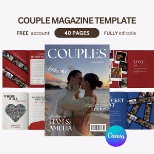 Pode incluir: Um modelo de revista para casais com 40 páginas totalmente editáveis. A capa mostra um casal na praia com o texto COUPLES MAGAZINE, love STORY, Anniversary EDITION e featuring LIAM & AMELIA. Inclui layouts de páginas internas com tiras de fotos, caça-palavras e mapas em forma de coração.