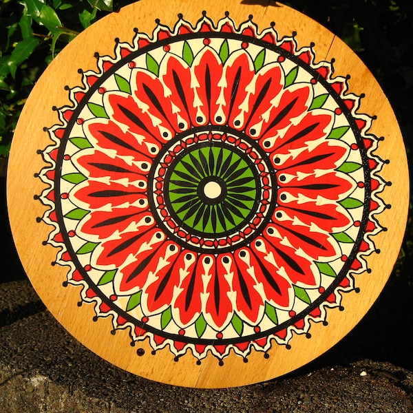 SALE Vintage 60s MOD / Wooden / Red Black and Green / Geometric / Circular / Trivet / made in Yugoslavia