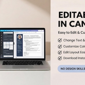 Peut inclure: Un ordinateur portable affichant un mod&egrave;le de CV avec le texte "EDITABLE IN CANVA". L'&eacute;cran montre un CV avec une photo et du texte. Le texte &agrave; droite dit "Easy to Edit & Customize". Une petite plante en pot et un carnet sont sur le bureau.