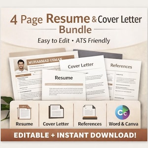 以下が含まれることがあります： 履歴書とカバーレターのテンプレートのバンドル。画像には、「Resume」、「Cover Letter」、「References」という単語が書かれた書類が積み重ねられています。上部には「4 Page Resume & Cover Letter Bundle」という文字があります。下部のバナーには「EDITABLE + INSTANT DOWNLOAD!」と書かれています。