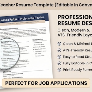 Peut inclure: Mod&egrave;le de CV professionnel pour enseignants, modifiable dans Canva. Il pr&eacute;sente une mise en page claire et moderne, avec des sections pour l'exp&eacute;rience professionnelle, les comp&eacute;tences et l'&eacute;ducation. Format ATS-friendly et pr&ecirc;t &agrave; imprimer.