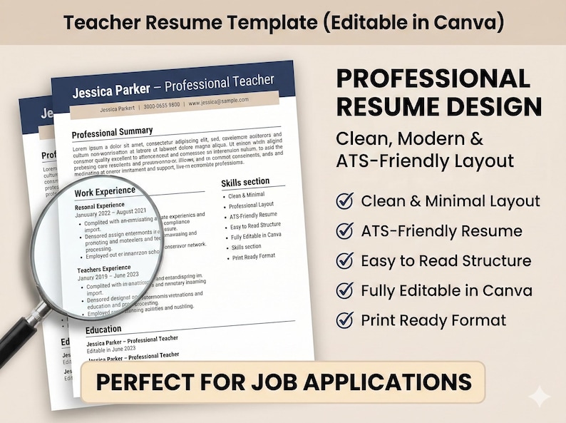 Peut inclure: Mod&egrave;le de CV professionnel pour enseignants, modifiable dans Canva. Il pr&eacute;sente une mise en page claire et moderne, avec des sections pour l'exp&eacute;rience professionnelle, les comp&eacute;tences et l'&eacute;ducation. Format ATS-friendly et pr&ecirc;t &agrave; imprimer.