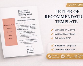 Modèle de lettre de recommandation Canva modifiable (téléchargement numérique)