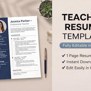 Peut inclure: Un mod&egrave;le de CV d'enseignant en bleu marine et blanc, avec une photo, des coordonn&eacute;es, des comp&eacute;tences et des sections d'&eacute;ducation. Le texte "TEACHER RESUME TEMPLATE" est en haut. Le mod&egrave;le est enti&egrave;rement modifiable dans Canva.