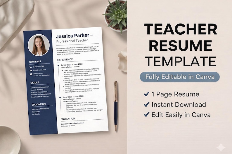Peut inclure: Un mod&egrave;le de CV d'enseignant en bleu marine et blanc, avec une photo, des coordonn&eacute;es, des comp&eacute;tences et des sections d'&eacute;ducation. Le texte "TEACHER RESUME TEMPLATE" est en haut. Le mod&egrave;le est enti&egrave;rement modifiable dans Canva.