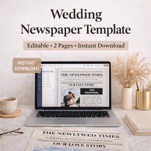 May include: A laptop displays a wedding newspaper template with the headline "THE NEWLYWED TIMES." The template includes the text "Celebrating the Love Story of Sarah & James" and "OUR LOVE STORY." The words "Wedding Newspaper Template" are at the top.