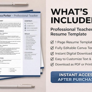 Peut inclure: Mod&egrave;le de CV de professeur professionnel avec un design bleu et blanc. Le CV comprend des sections pour le r&eacute;sum&eacute;, l'exp&eacute;rience, l'&eacute;ducation et les comp&eacute;tences. L'image comprend &eacute;galement le texte "WHAT'S INCLUDED" et "INSTANT ACCESS AFTER PURCHASE".