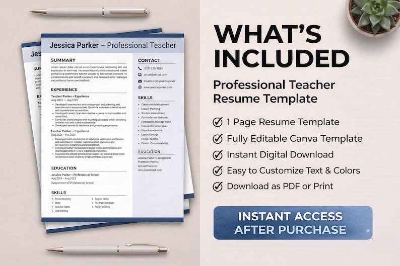 Peut inclure: Mod&egrave;le de CV de professeur professionnel avec un design bleu et blanc. Le CV comprend des sections pour le r&eacute;sum&eacute;, l'exp&eacute;rience, l'&eacute;ducation et les comp&eacute;tences. L'image comprend &eacute;galement le texte "WHAT'S INCLUDED" et "INSTANT ACCESS AFTER PURCHASE".