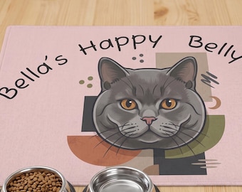 Personalized Cat Feeding Mat | Waterproof Non-Slip Pet Bowl Placemat | Bella's Happy Belly Clup