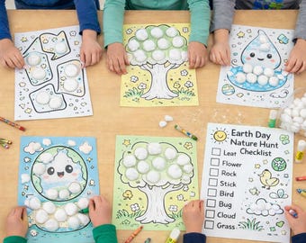 May include: Children's Earth Day craft activity with drawings of trees, the Earth, and a water droplet, decorated with cotton balls. A checklist for a nature hunt is also visible, along with crayons and glue.