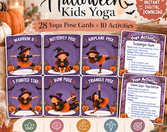 Puede incluir: Set de yoga para niños de Halloween con 28 tarjetas de posturas y 10 actividades. Las tarjetas muestran ilustraciones de un niño con sombrero de bruja realizando posturas como Guerrero II, Mariposa, Avión, Estrella, Arco y Triángulo.