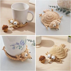 May include: A set of four images showcasing a beige crochet coaster in the shape of a cartoon squirrel. The coaster has large white eyes and a small brown acorn. A white mug sits on top of the coaster in two of the images.