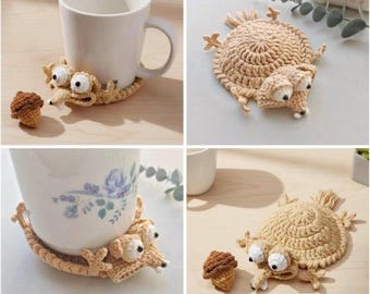 Crochet Scrat Squirrel Coaster Set, Handmade Ice Age Inspired Drink Mat, Unique Animal Mug Rug, Whimsical Desk Decor, Gift For Her