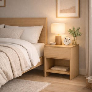 May include: A light wood nightstand with a drawer and open shelf, next to a bed with a light-colored headboard. A small lamp with a beige shade sits on the nightstand, along with a white alarm clock and a vase of greenery. A rug is on the floor.