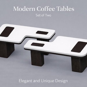 Può includere: Due tavolini da caffè moderni dal design unico. Ogni tavolo ha un piano bianco con un inserto rettangolare marrone scuro e gambe marroni scure. Il testo recita "Tavolini moderni" e "Set di due".