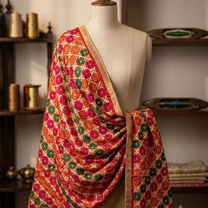 May include: A vibrant red dupatta featuring a repeating geometric grid pattern filled with embroidered floral motifs in shades of pink, orange, and green, accented with small reflective elements and finished with a gold-toned border trim.