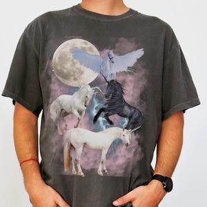 Celestial Unicorns T-Shirt | Moon, Pegasus, Lightning Graphic