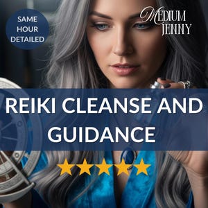 Pode incluir: Imagem com uma mulher de cabelo grisalho, o texto "Medium Jenny", e as palavras "Reiki Cleanse and Guidance" com cinco estrelas douradas. Uma faixa azul com texto branco diz "Same Hour Detailed".