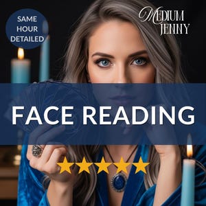 May include: Image featuring a woman with blue eyes, holding tarot cards. Text overlay reads "FACE READING" and "Medium Jenny." Five gold stars are visible. Candles and a blue velvet robe are also in the image.
