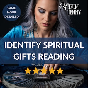 May include: An image featuring a woman with silver hair, wearing a blue top, and holding tarot cards. The text "IDENTIFY SPIRITUAL GIFTS READING" is displayed, along with the words "Medium Jenny" and "SAME HOUR DETAILED".