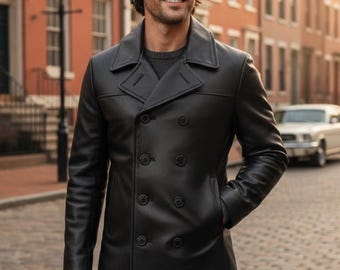 Giacca da uomo in pelle Peacoat – Cappotto doppiopetto in vera pelle – Classico soprabito invernale