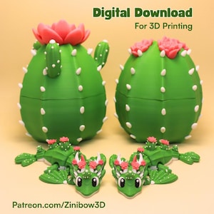 May include: Green cactus-shaped 3D-printed containers with pink flower accents and white dot details. Two green dragon-like figures with pink flower accents are at the bottom. The text "Digital Download For 3D Printing" is at the top.