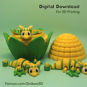 May include: A 3D printed yellow and green corn-themed dragon figurine with a matching corn-shaped container. The dragon has a textured, kernel-like body and green leaf accents. Text reads Digital Download For 3D Printing and Patreon.com/Zinibow3D.