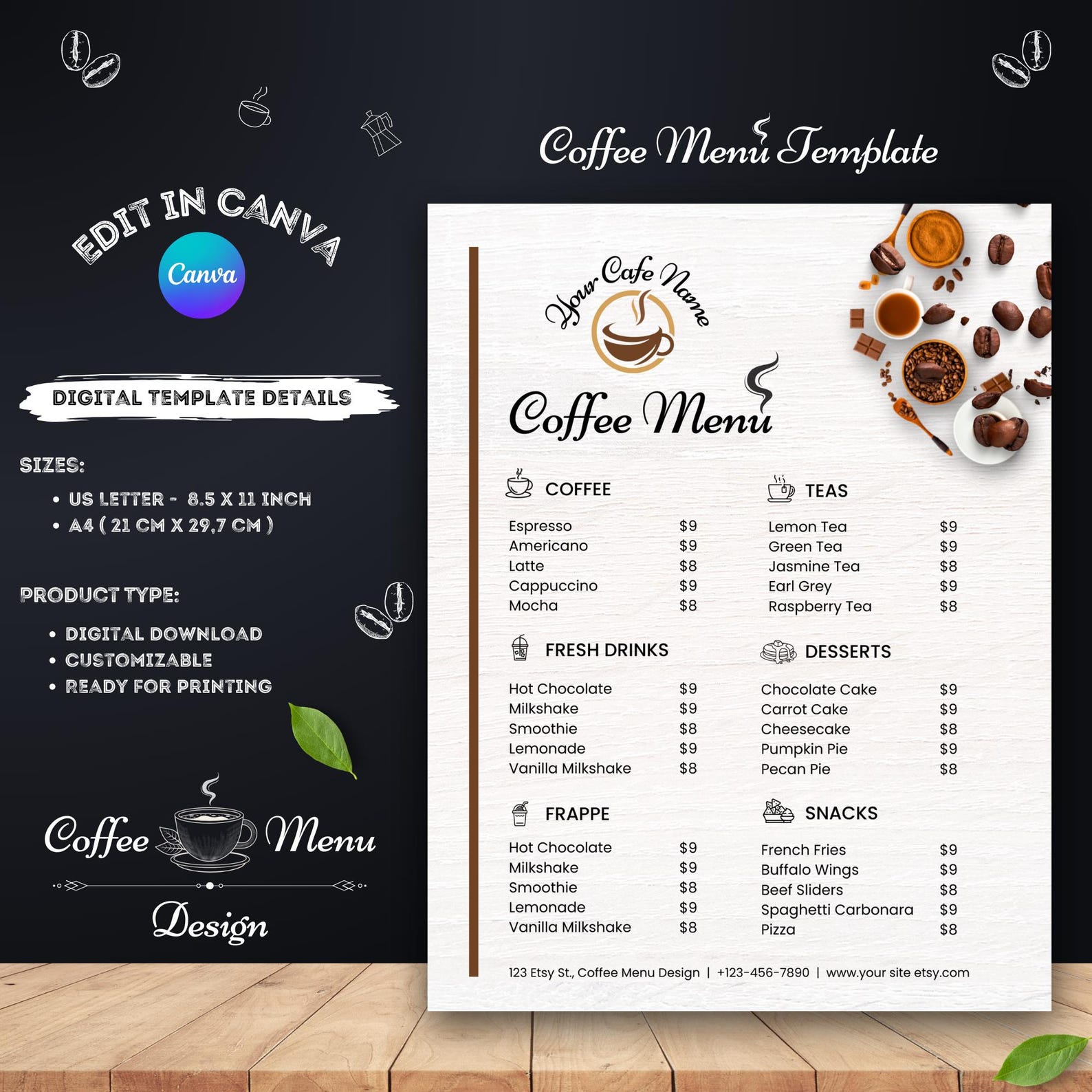 Coffee Menu Template, Cafe Shop Menu Design, Editable Price List ...