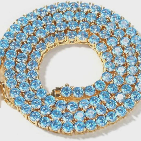 Men's Women's  Real Solid 925 Sterling Silver, Blue Aquamarine Tennis Necklace, Aqua Blue Zircon gemstone jewelry, Round tennis Necklace