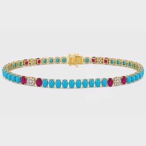 14K Gold Plated Diamond Turquoise & Ruby Liana Bracelet | Luxury Tennis Bracelet | Colorful Gemstone Bracelet | Elegant Gift Jewelry