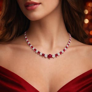 Puede incluir: Un collar deslumbrante con una serie de vibrantes piedras preciosas rojas intercaladas con piedras blancas más pequeñas y brillantes. El collar se destaca sobre un fondo rojo, resaltando el color y el diseño ricos de la joya. Una pieza llamativa.