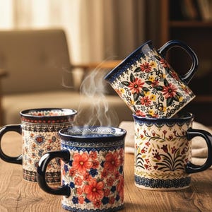 May include: Four ceramic mugs with floral patterns. The mugs have black handles and blue rims. The patterns include red, yellow, and blue flowers and foliage. Steam rises from one mug, suggesting a hot beverage.